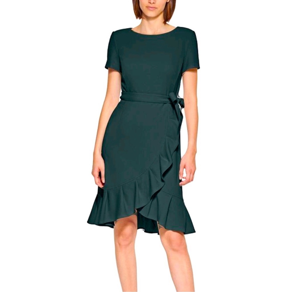 Calvin Klein Ruffle Hem Belted Midi Dress Short Sleeve Dark Green Womens 6